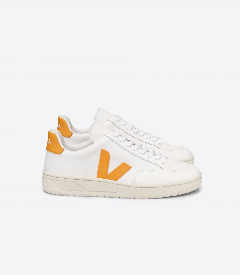 White / Yellow Veja V-12 Leather Men\'s Sneakers | IE-336425