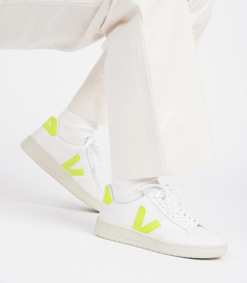 White / Yellow Veja V-12 Leather Women's Sneakers | IE-669578