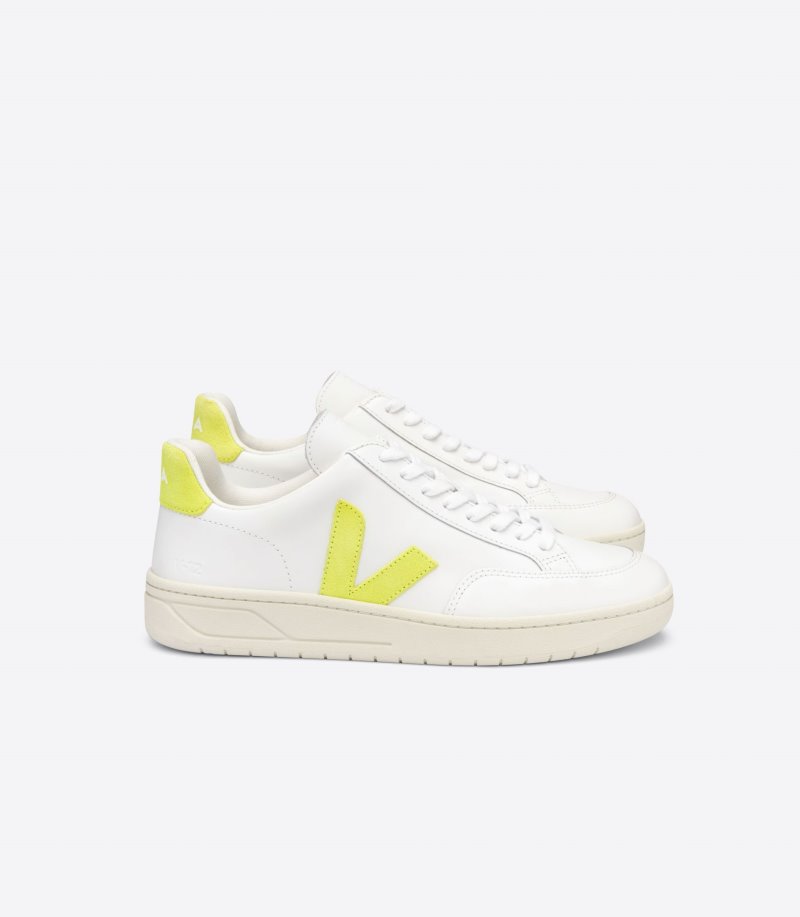 White / Yellow Veja V-12 Leather Women\'s Sneakers | IE-669578