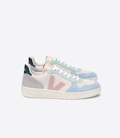 Beige / Blue / Light Green Veja V-10 Suede Women's Sneakers | IE-178569