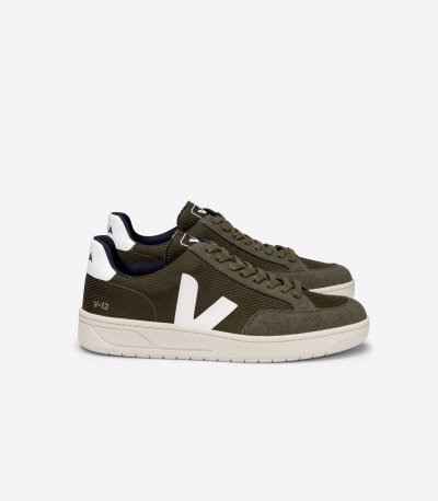 Olive / White Veja V-12 Vegan B-Mesh Men's Sneakers | IE-121003