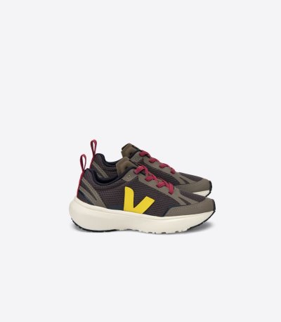 Olive / Yellow / Burgundy Veja Canary Elastic Laces Alveomesh Kids' Sneakers | IE-618787