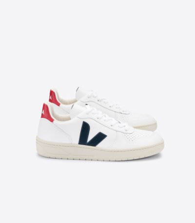 White / Navy Veja V-10 Leather Women's Sneakers | IE-219418