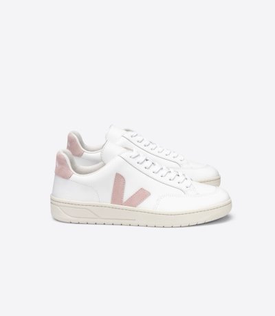 White / Pink Veja V-12 Leather Women's Sneakers | IE-004217